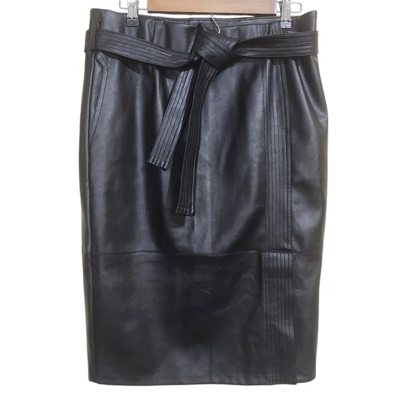 Charming Charlie Black Faux Leather Pencil Skirt Wrap Belt Stitch Details Medium - Picture 1 of 9